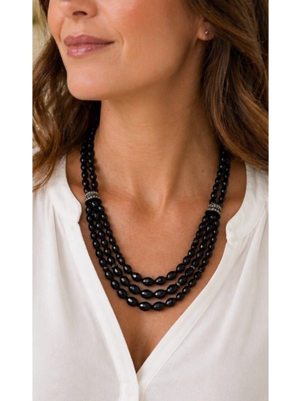 Banana Republic Black Multi Strand Beaded Statement Necklace Gunmetal Tone